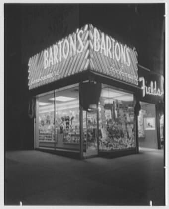 Barton's Bonbonniere, the Jewish-owned confectionery on Pitkin Avenue in Brownsville in the early 1940s, one of the Pitkin Avenue storefronts that anchored the commercial strip before the postwar disinvestment of the 1960s and 1970s.