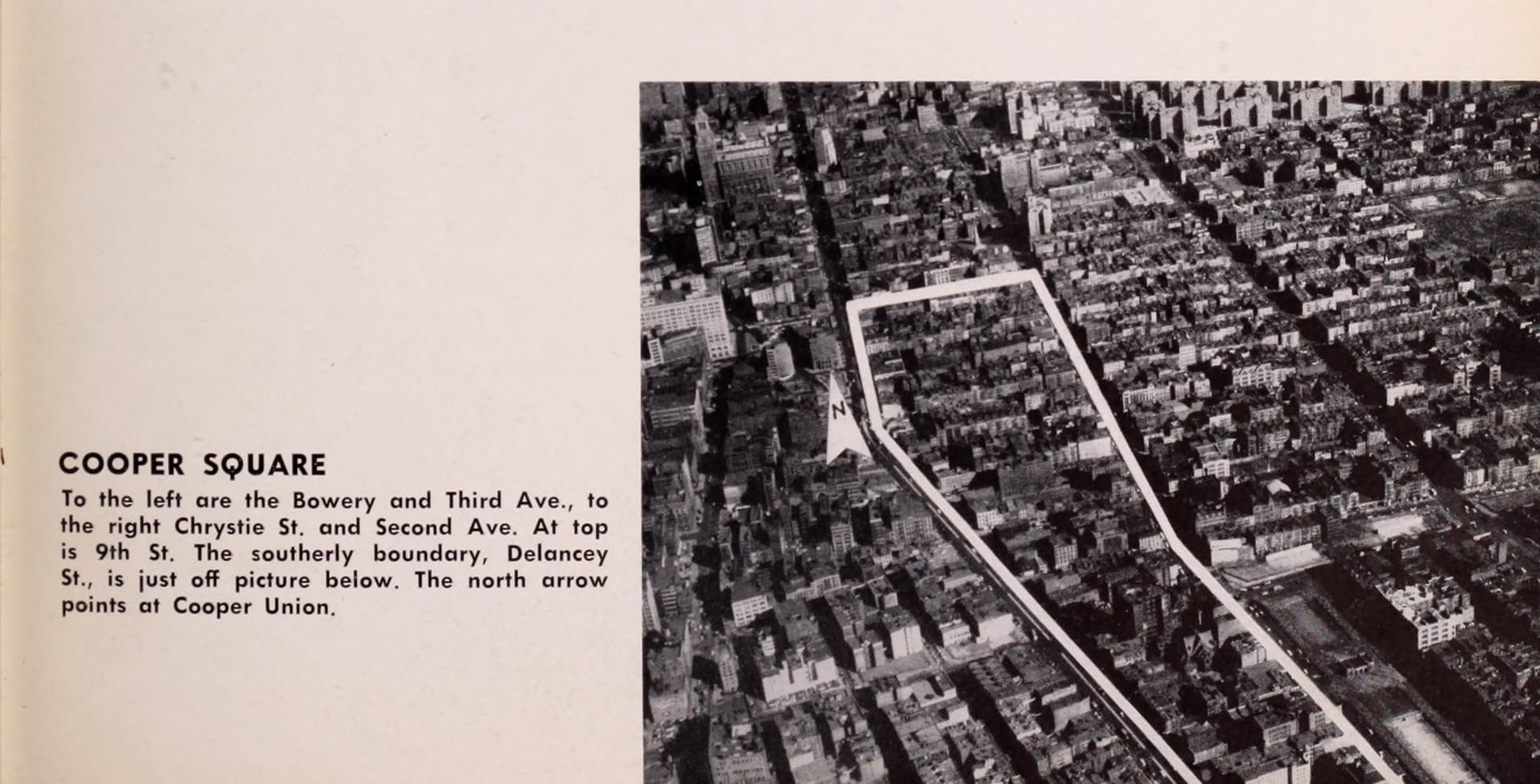 The Cooper Square Title I project as Robert Moses documented it in the 1957 Mayor's Committee on Slum Clearance compilation, with the twelve-block footprint traced from East 9th Street south to Delancey Street, bounded by the Bowery and Third Avenue on the west and Chrystie Street and Second Avenue on the east.